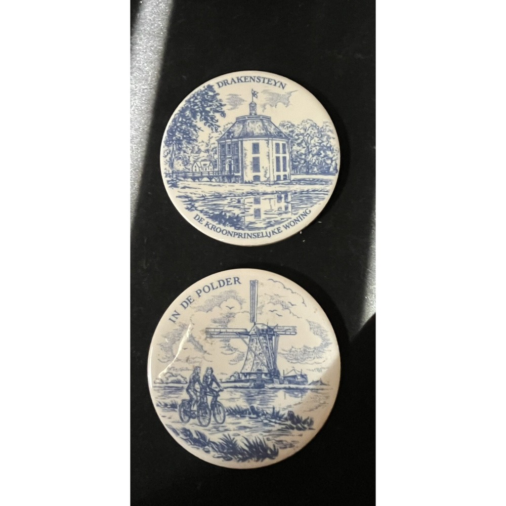 H & R Johnson Windmill & Dragonstone Made in UK Ceramic Circle Tile Delft Blue